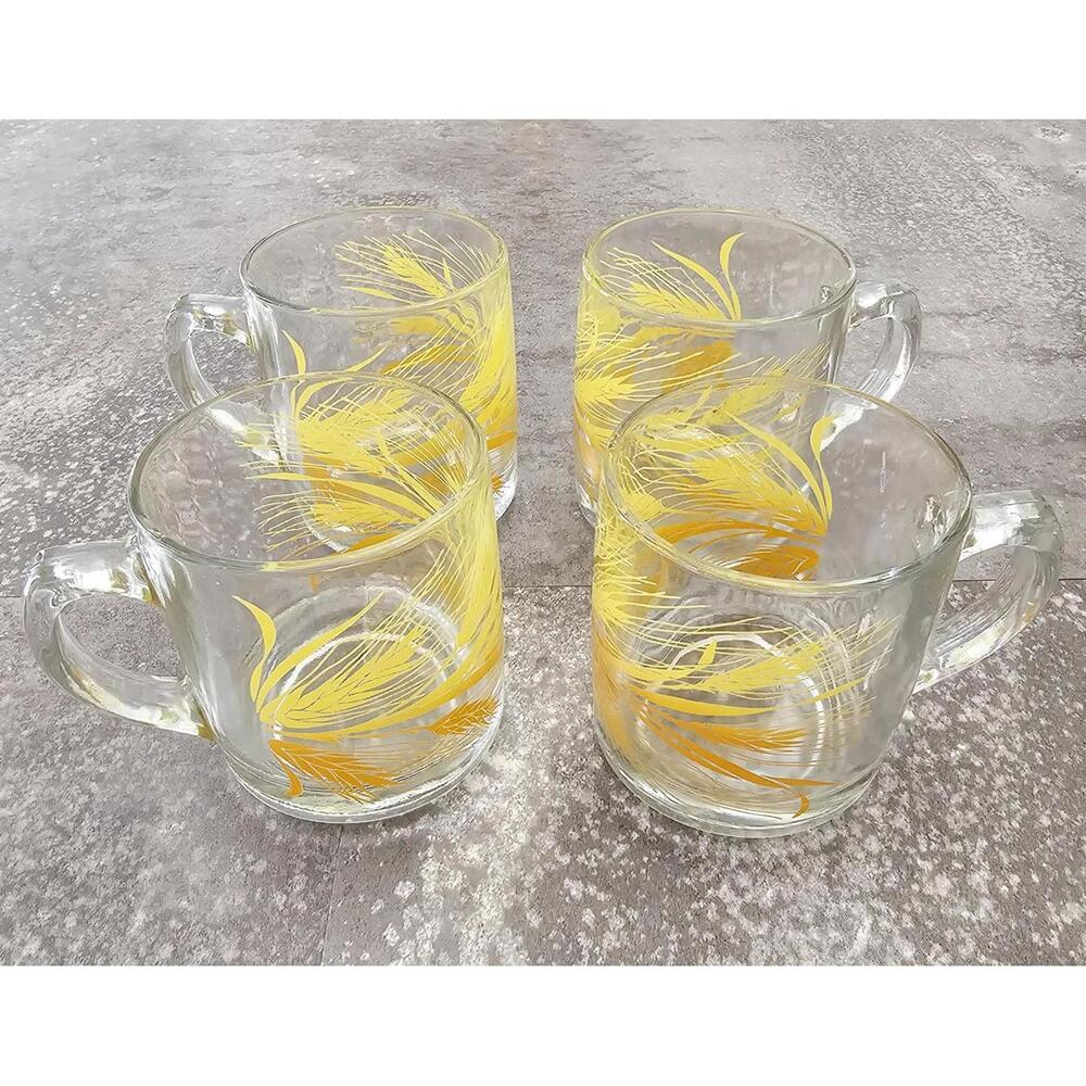 Vintage 1970s Libbey Golden Wheat Mugs, Glass, Tea Cups, Coffee Mugs, Clear